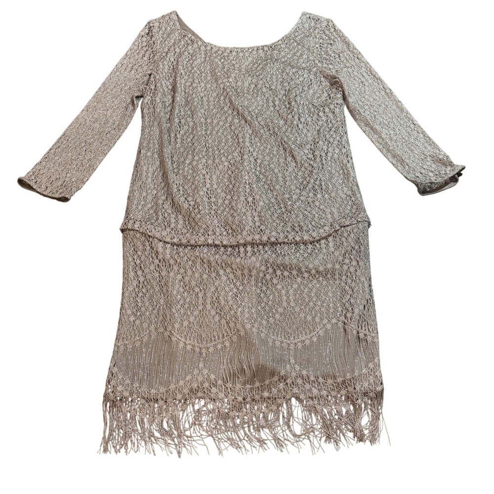 S.L. Fashions Vintage Metallic Lace‎ Dress Fringe Beaded Flapper Style Size 12